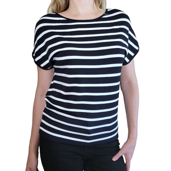 LOFT Tops - LOFT Top Womens Small Blue White Navy Stripe Cap Sleeve Sweater Shirt Blouse